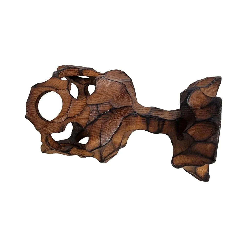 Vintage Hand Carved Brutalist Wood‎ Candle Holder Amber Glass Votive MCM 6.5in